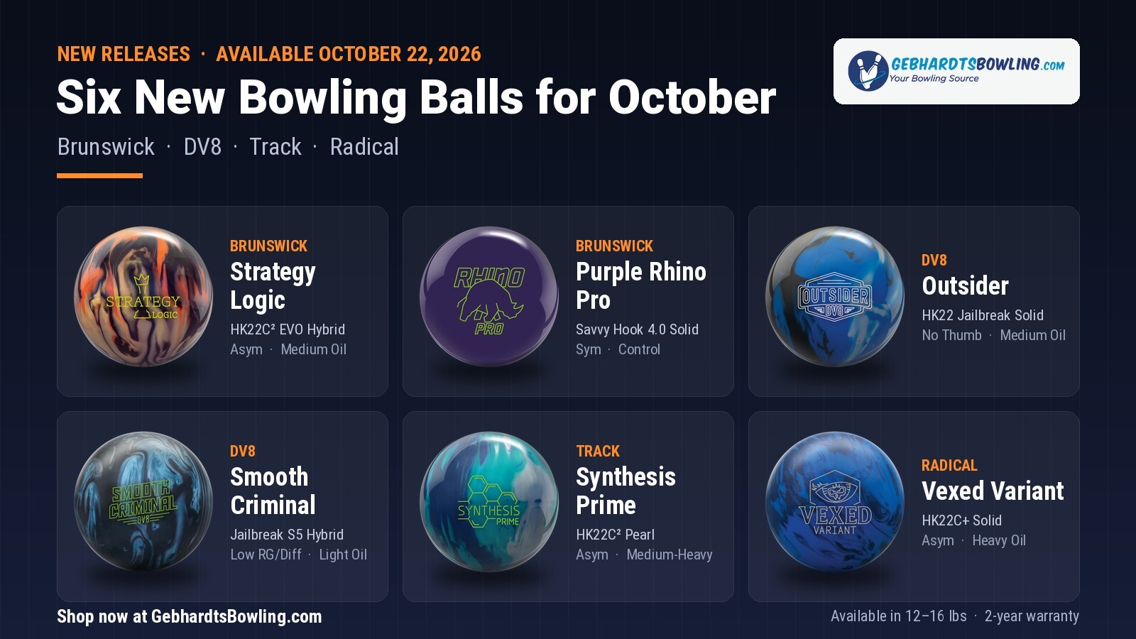 New October 2026 bowling balls: Brunswick Strategy Logic, Brunswick Purple Rhino Pro, DV8 Outsider, DV8 Smooth Criminal, Track Synthesis Prime and Radical Vexed Variant