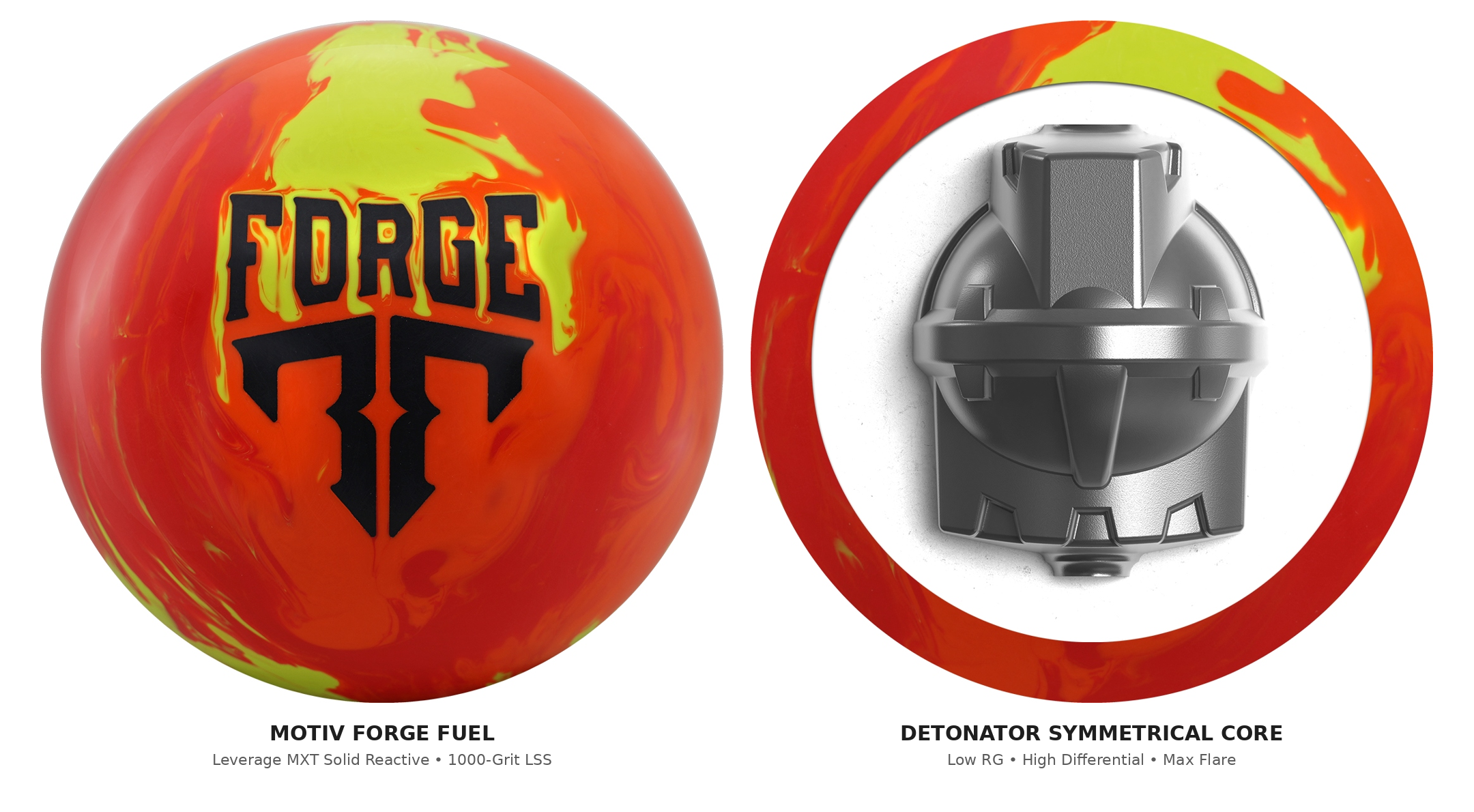 Motiv Forge Fuel bowling ball next to its Detonator Symmetrical core, with Leverage MXT Solid Reactive coverstock