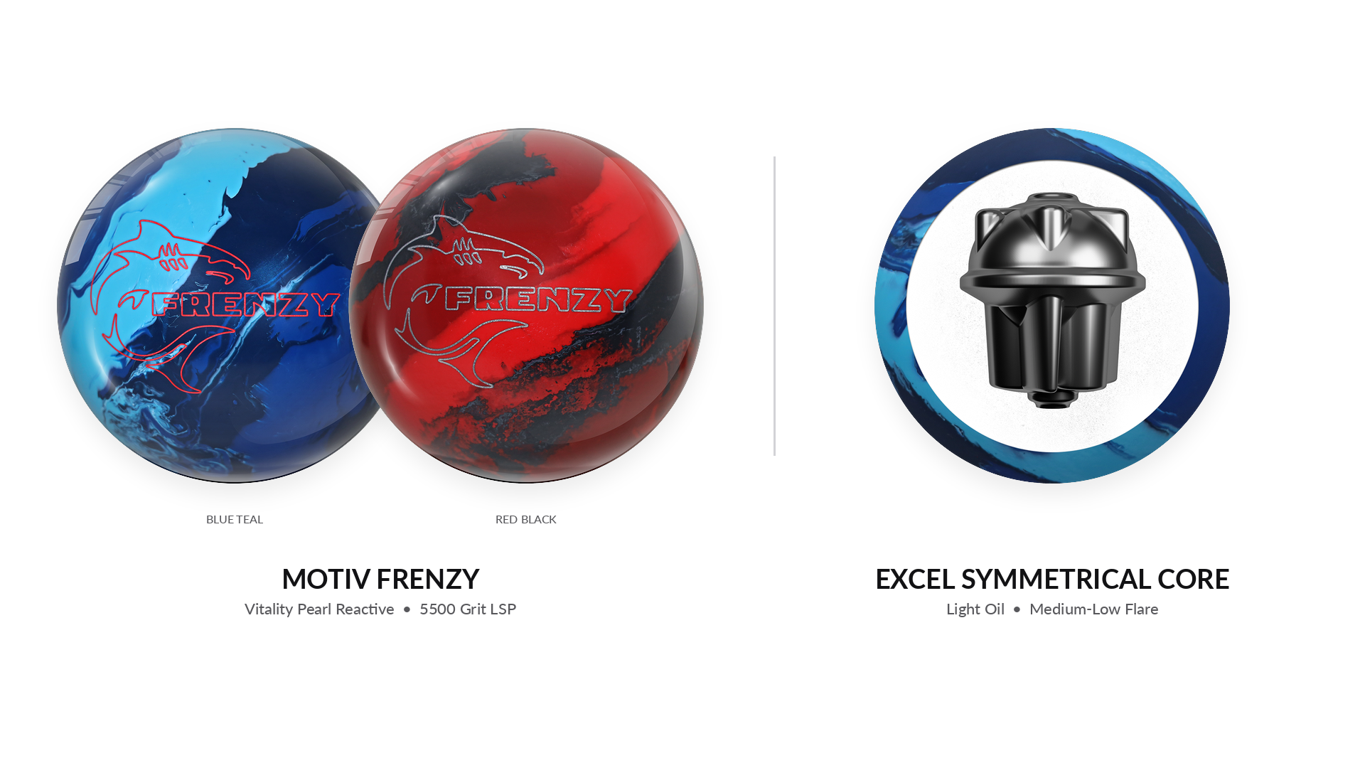 Motiv Frenzy Blue Teal and Red Black bowling balls next to the Excel symmetrical core, Vitality Pearl Reactive, 5500 grit LSP