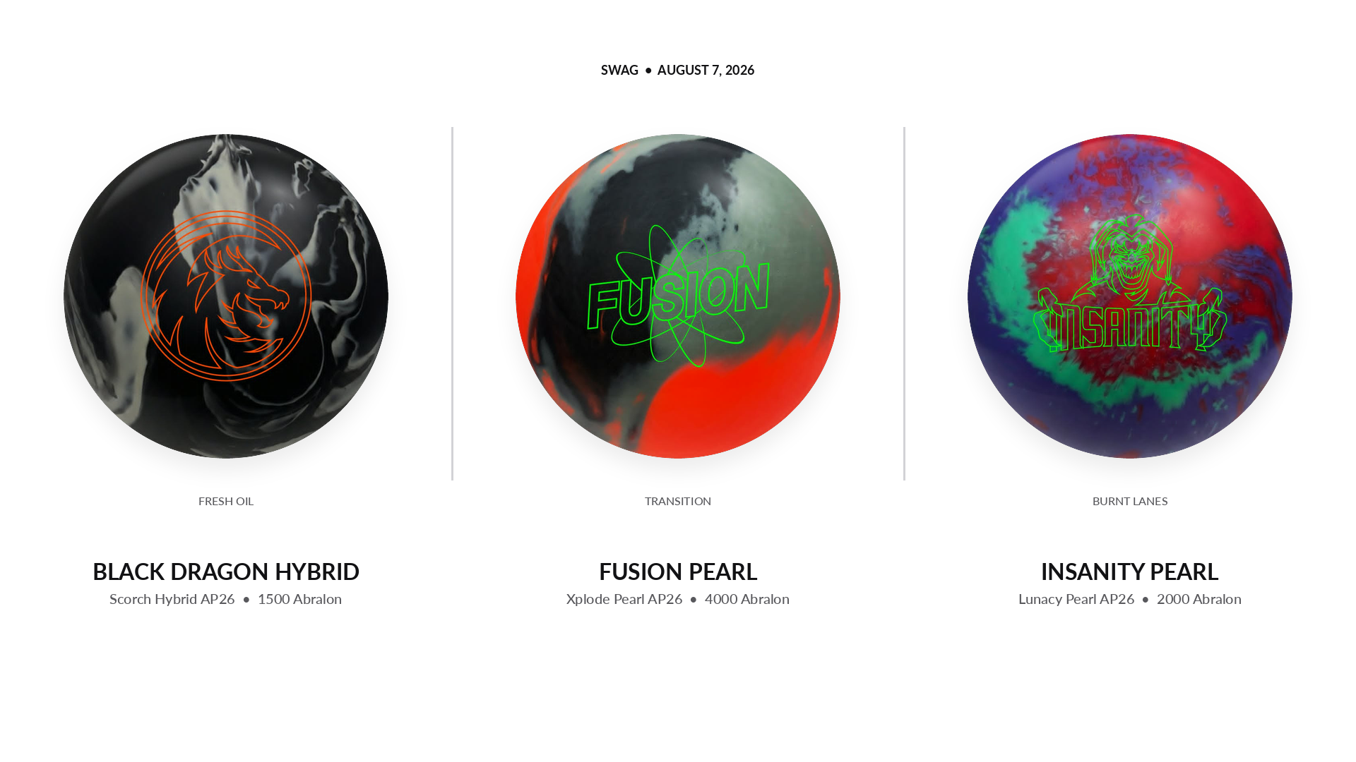 SWAG Black Dragon Hybrid, Fusion Pearl, and Insanity Pearl bowling balls from the August 7, 2026 AP26 drop