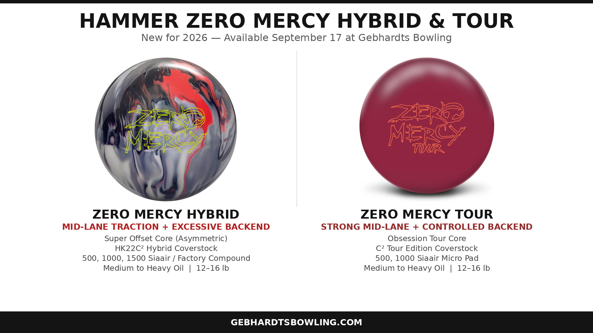 Hammer Zero Mercy Hybrid and Zero Mercy Tour bowling balls, new for September 17, 2026 release at Gebhardts Bowling